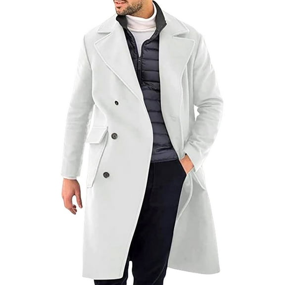 QHFBli Formal Mens Trench Coat Men's Fall Double Trench Coat with Lapel Pocket and Belt for White XXL