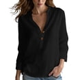 thumbnail image 3 of VBVC Women's Cotton Linen Henley Shirt , V-Neck Standing Collar Blouses For Women , Ladies' Long Sleeve Tops with Pockets,Black,S-2XL, 3 of 10