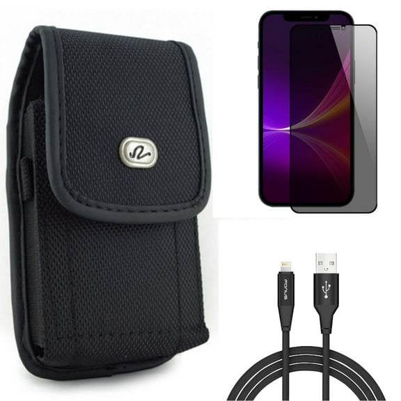 Privacy Screen Protector & 6ft USB Cable & Case Belt Clip for iPhone 13 Pro Max ONLY - Tempered Glass Curved Anti-Spy   Charger Cord Power Wire   Rugged Holster Canvas Combo