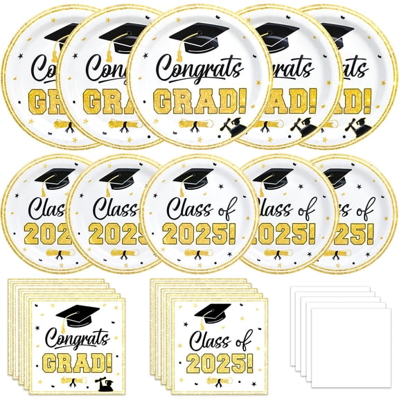 U-PTYTM 200 Pcs Graduation Decorations 2025 AFN1Party Decorations White Gold Party Supplies Class of 2025 Disposable Paper Plates and Napkins for College High School Congrats Grad Party, Serve 50