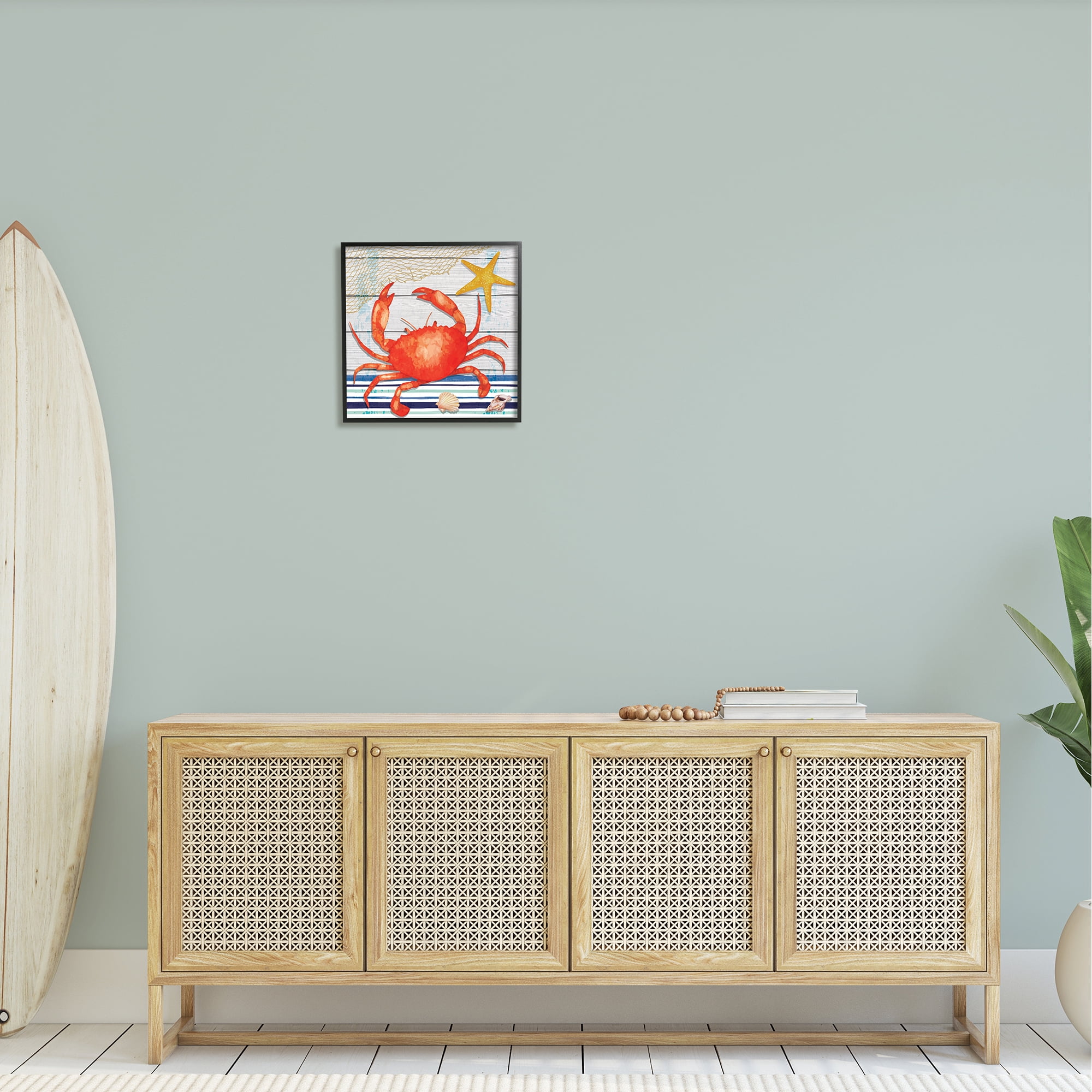 Stupell Nautical Striped Red Crab Sea Life Landscape Painting Black Framed Art Print Wall Art