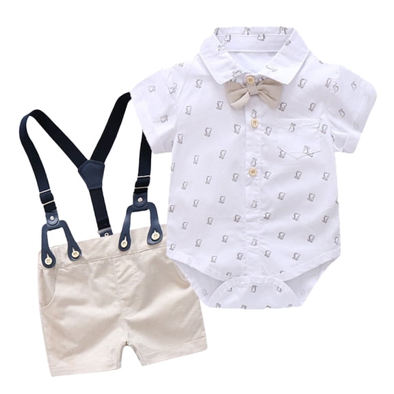 Baby Boy Clothes Toddler Short Sleeve Button Down Shirt Casual Suspenders Shorts Caps Infant Summer Outfits Set,White