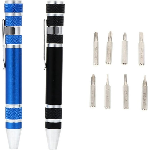 Destornillador de 2 piezas Cabeza de cambio de aleación de aluminio de metal Juego de mini destornilladores 8 en 1 Destornilladores pequeños Bolígrafo Herramientas de reparación magnéticas (