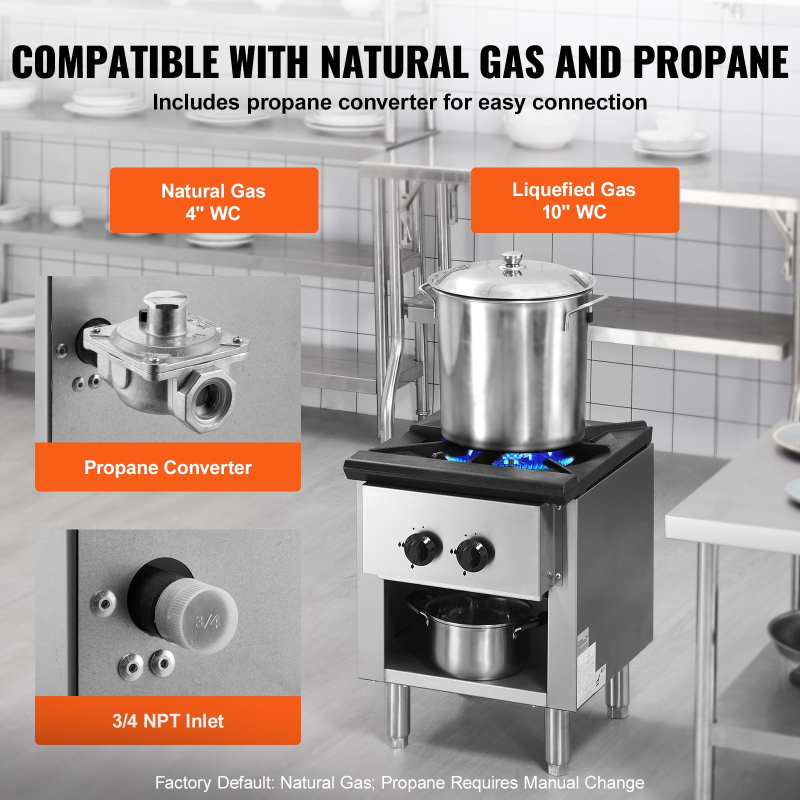 KFFKFF Gas Range for Commercial Kitchens, Dual Fuel Support with Propane & Natural Gas, Stainless Steel Countertop Burner, 90,000 BTU, Includes Storage Cabinet, Ideal for Restaurants