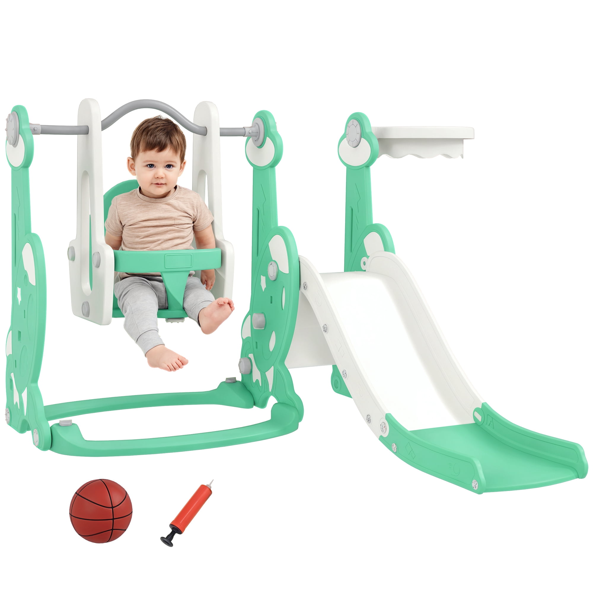 Qaba 4 in 1 Toddler Slide and Swing Set, Indoor Kids Slide for Ages 1.5-4, Toddler Playset Playground with Climber, Basketball Hoop, Green