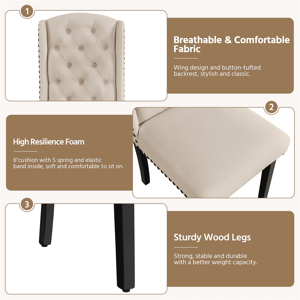 Alden Design 2pcs Upholstered Tufted Dining Chairs with Wing Design for Kitchen, Beige
