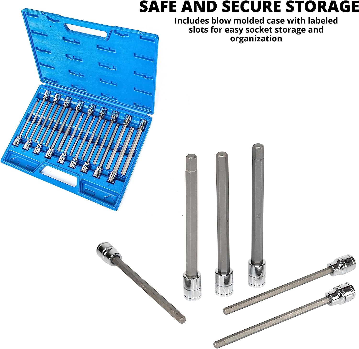 Neiko 10079A Extra Long Allen Hex Bit Socket Set, 18 Piece SAE and Metric Allen Socket Set, 3/8 Drive, 1/8" – 3/8 Inch & 3mm – 10mm, 6” Long Allen Hex Socket Bit Set, Allen Head Hex Key Socket Set …