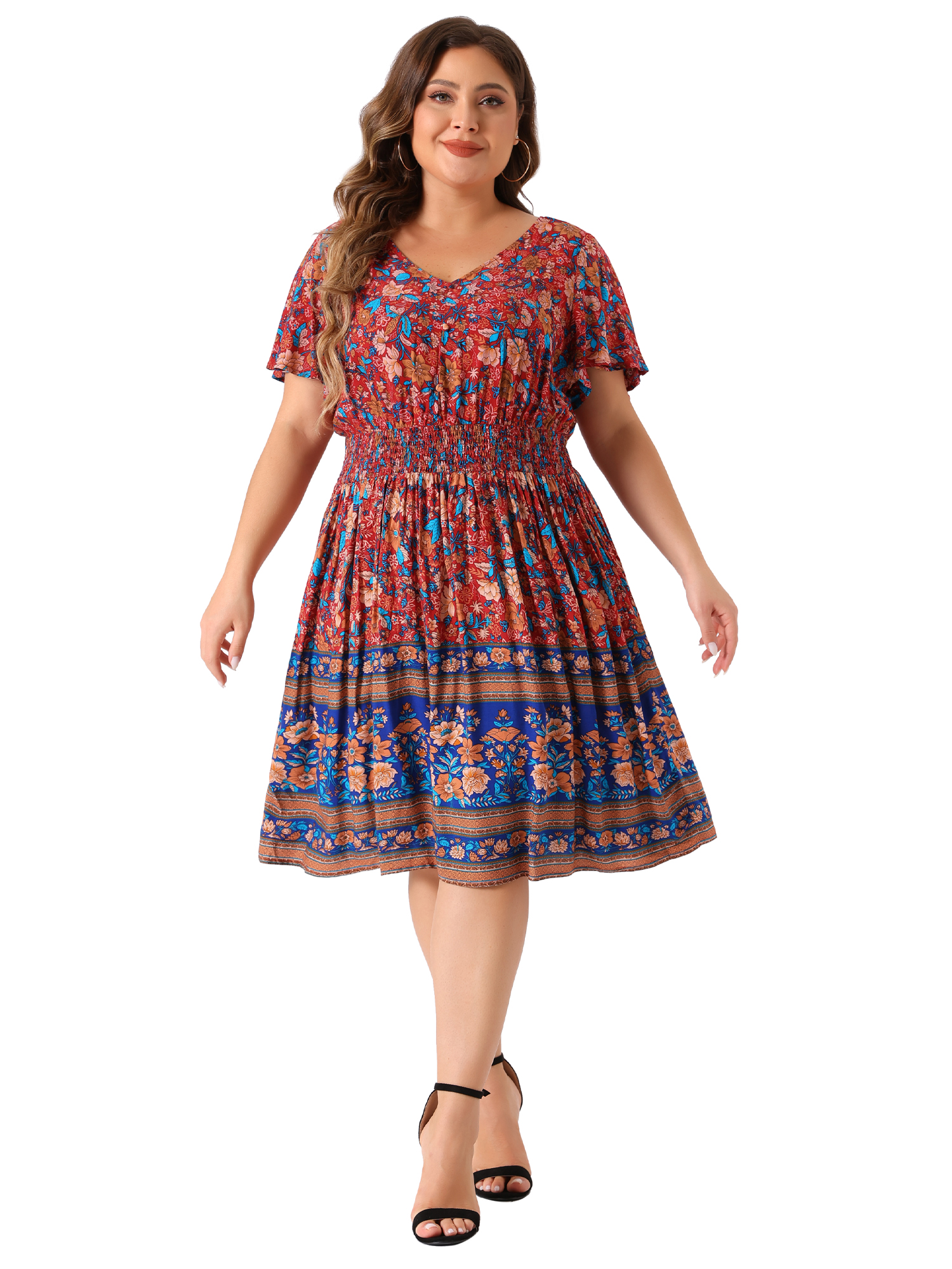 DARING DIVA Women's Plus Size Midi Placed Pattern V Neck Dress 1X Blue Red
