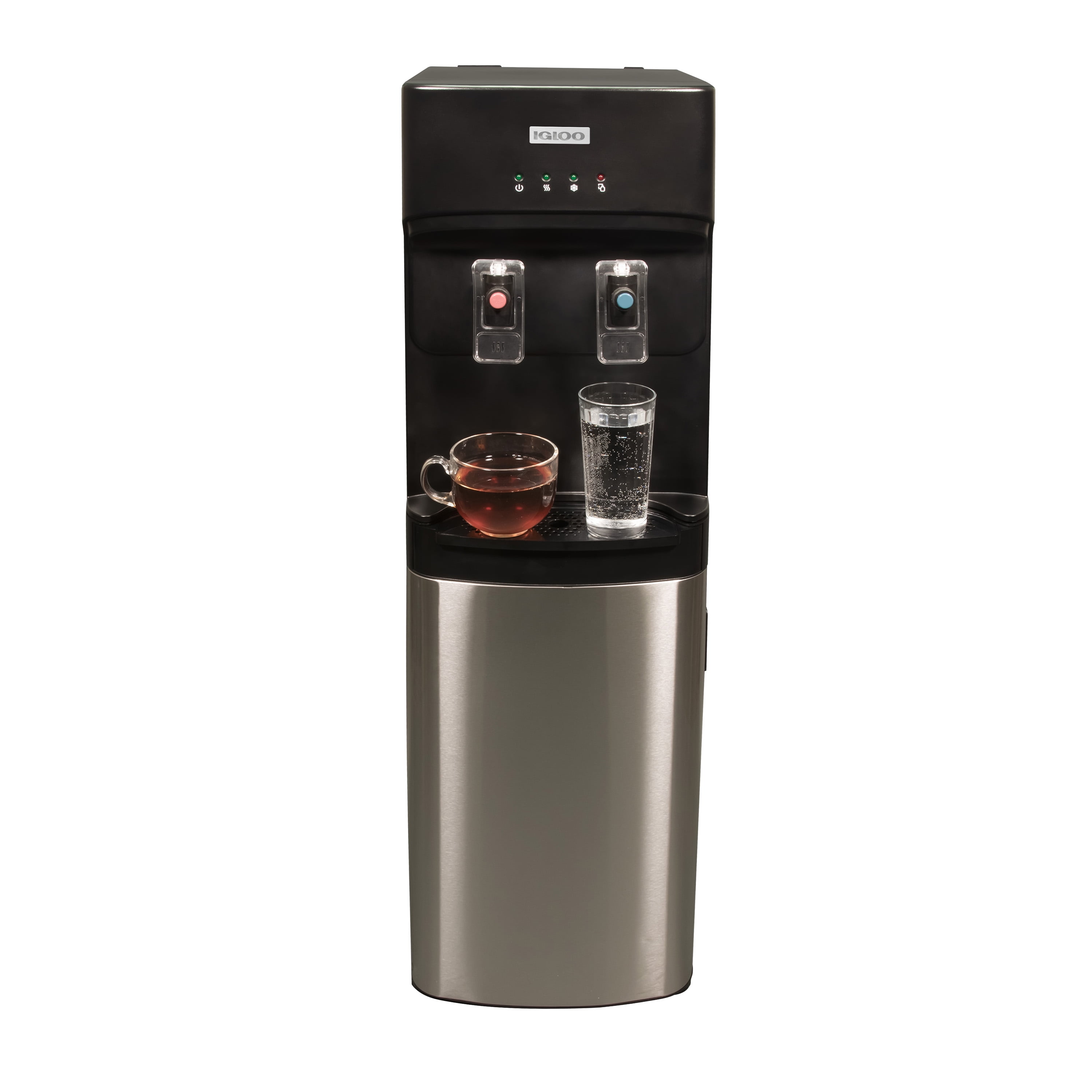 Igloo Stainless Steel Hot, Cold & Room Water Cooler Dispenser, Holds 3 & 5 Gallon Bottles, 3 Temperature Spouts, No Lift Bottom Loading, Child Safety Lock, Black/Stainless