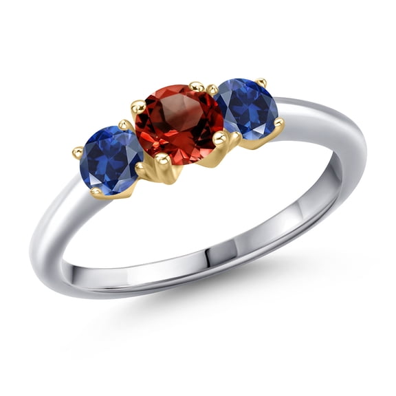 Gem Stone King 925 Silver and 10K Yellow Gold Red Garnet and Blue Created Sapphire Engagement Ring for Women | 1.05 Cttw | Round 5MM | Gemstone January Birthstone | Size 8