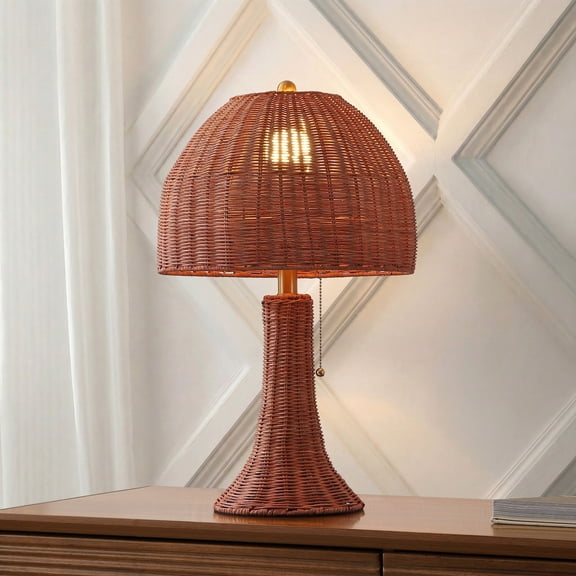 Joanie 22" Bohemian Rustic Woven Rattan LED Table Lamp with Pull Chain, Dark Brown/Brass Gold