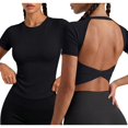 thumbnail image 4 of Womens Summer Yoga Shirts Cap Sleeve Crew Neck Open Back Cutout Crop Tops Cross Wrap Hem with Built-in Support Bra Stretchy Breathable Slim Fit Athletic Running Gym Tees Black S, 4 of 9