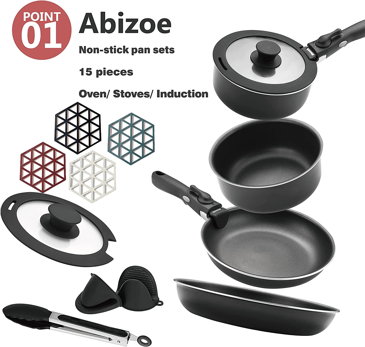 12 Piece Non-Stick Cookware Set Non-Stick Pans and Pots with Removable  Handles, Space Efficient Excellent for RVs and Compact Kitchen (Black 12  pieces) 