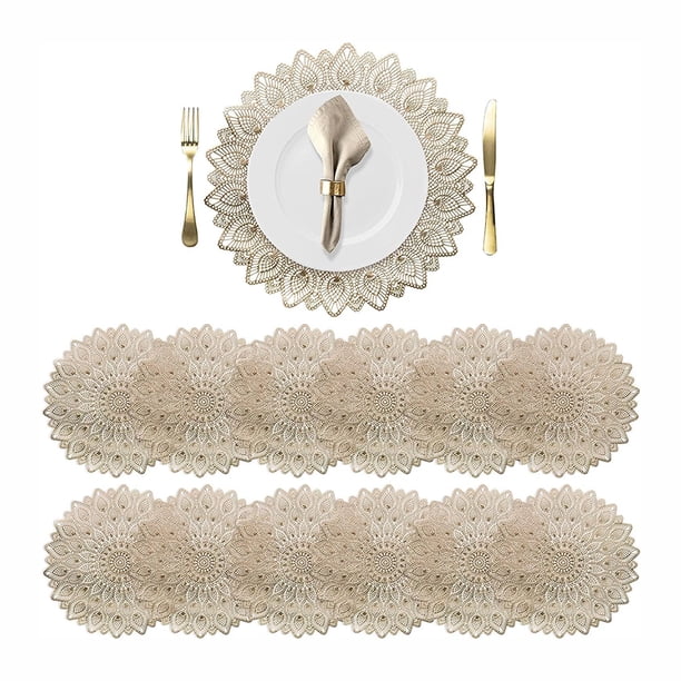 Paquete de 12 manteles individuales redondos de 38 cm, manteles individuales dorados huecos lavables antideslizantes, manteles individuales resistentes al calor para mesa de comedor, manteles