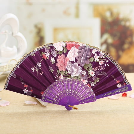 

MRULIC Fans Best Chinese Style Dance Wedding Party Lace Silk Folding Hand Held Flower Fan + Purple