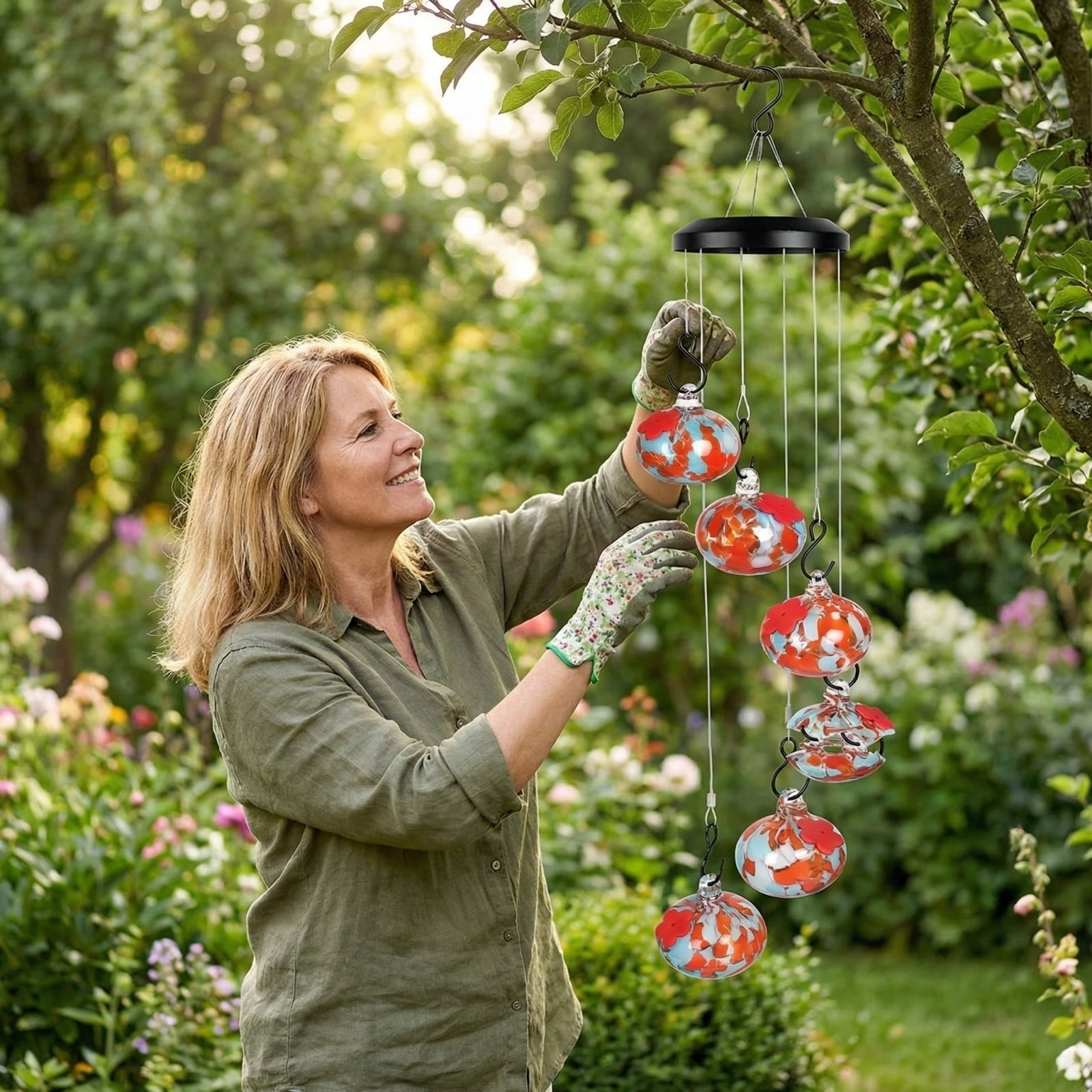 Handblown Glass Hummingbird Feeder Wind Chime with 6 Feeding Stations, Solar Powered Outdoor Hanging Bird Feeder for Garden Yard Decor, Vibrant Leak-Proof Hummingbird Habitat