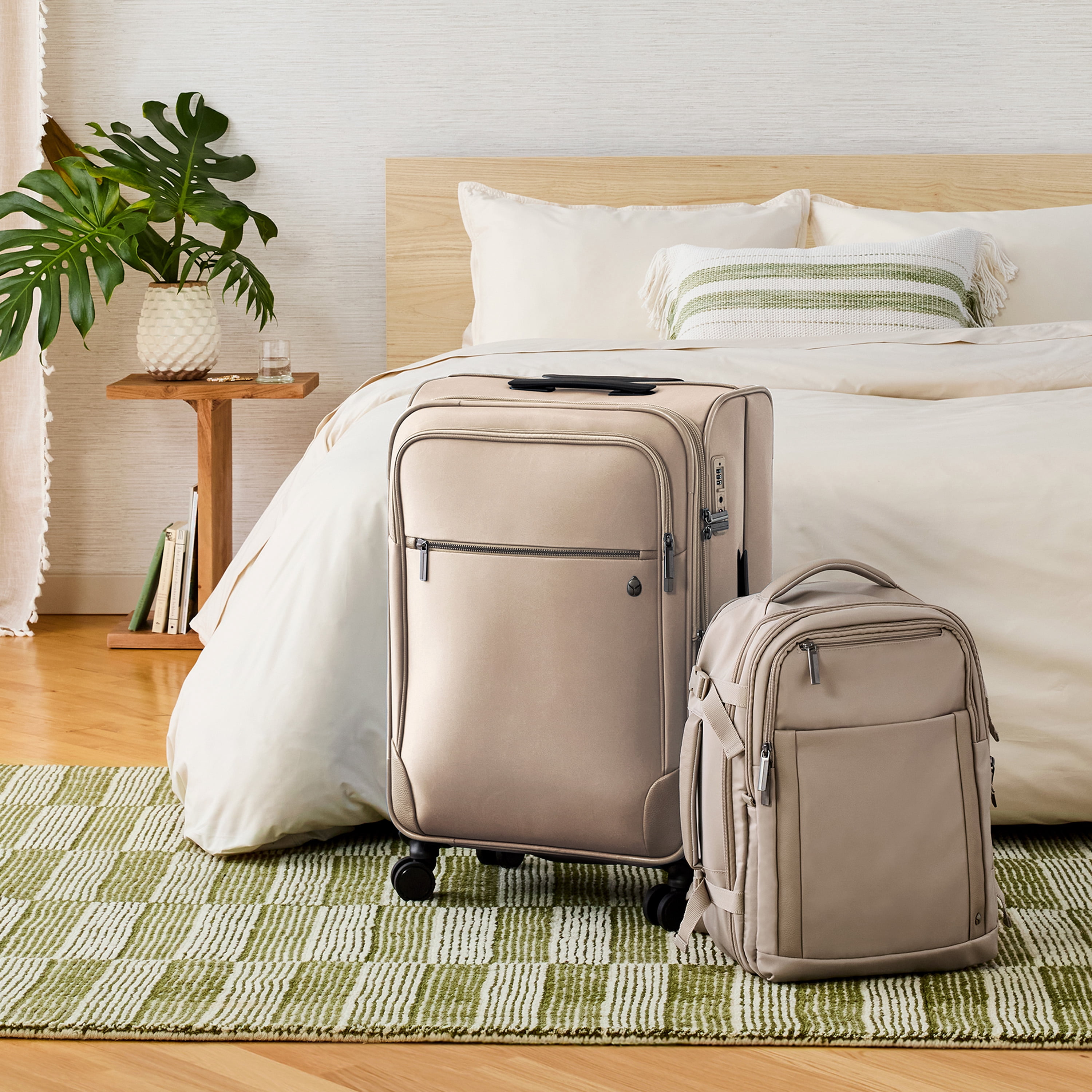 btL 20-inch Expandable Nylon Softside Carry-on Upright Luggage With 360 Spinner Wheels and Divider Pockets, Taupe