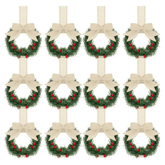 12 Pcs Christmas Kitchen Cabinet Wreaths with Ribbon 5.12 inch Mini Christmas Wreath Small Kitchen Wreath Greenery Wreath for Window Door