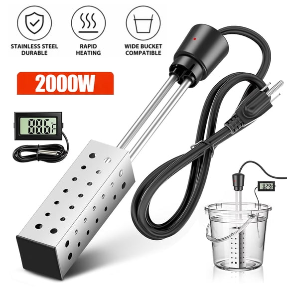 2000W Immersion Water Heater with Digital Thermometer, 165°F Auto Shut-Off, Fast Heating Submersible Bucket Heater for Home, Camping, Pool,110V