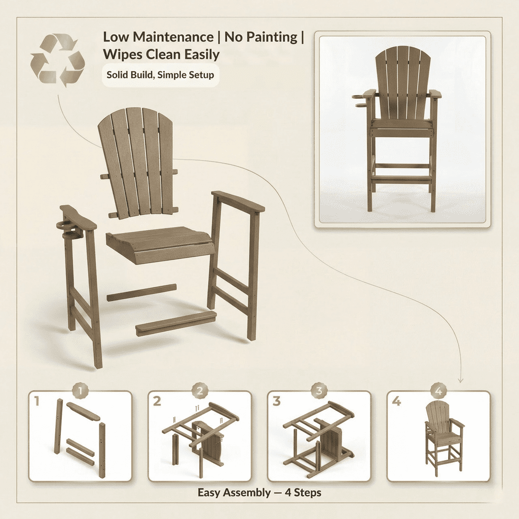 HDPE Bar Height Adirondack Chair with Cup Holder, All-Weather Outdoor Patio Bar Chair with Armrests 1 Piece(WW)