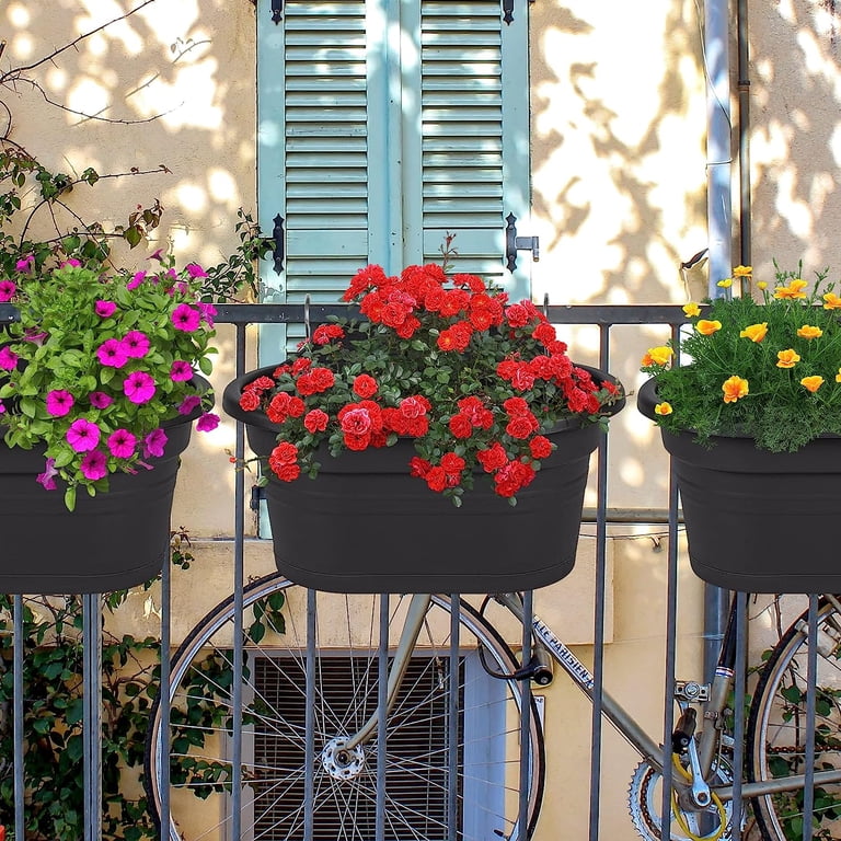 Hanging Flower Pots for Railing,11 inch Black Plastic Fence Hanging Railing  Planter for Outdoor Plants Countryside Style Window Flower Bucket Pots ...