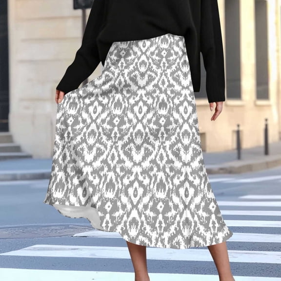 Women's Summer Midi Skirts Elastic High Waist Flowy Casual Summer Trendy Printed Boho Beach Vacation Skirt