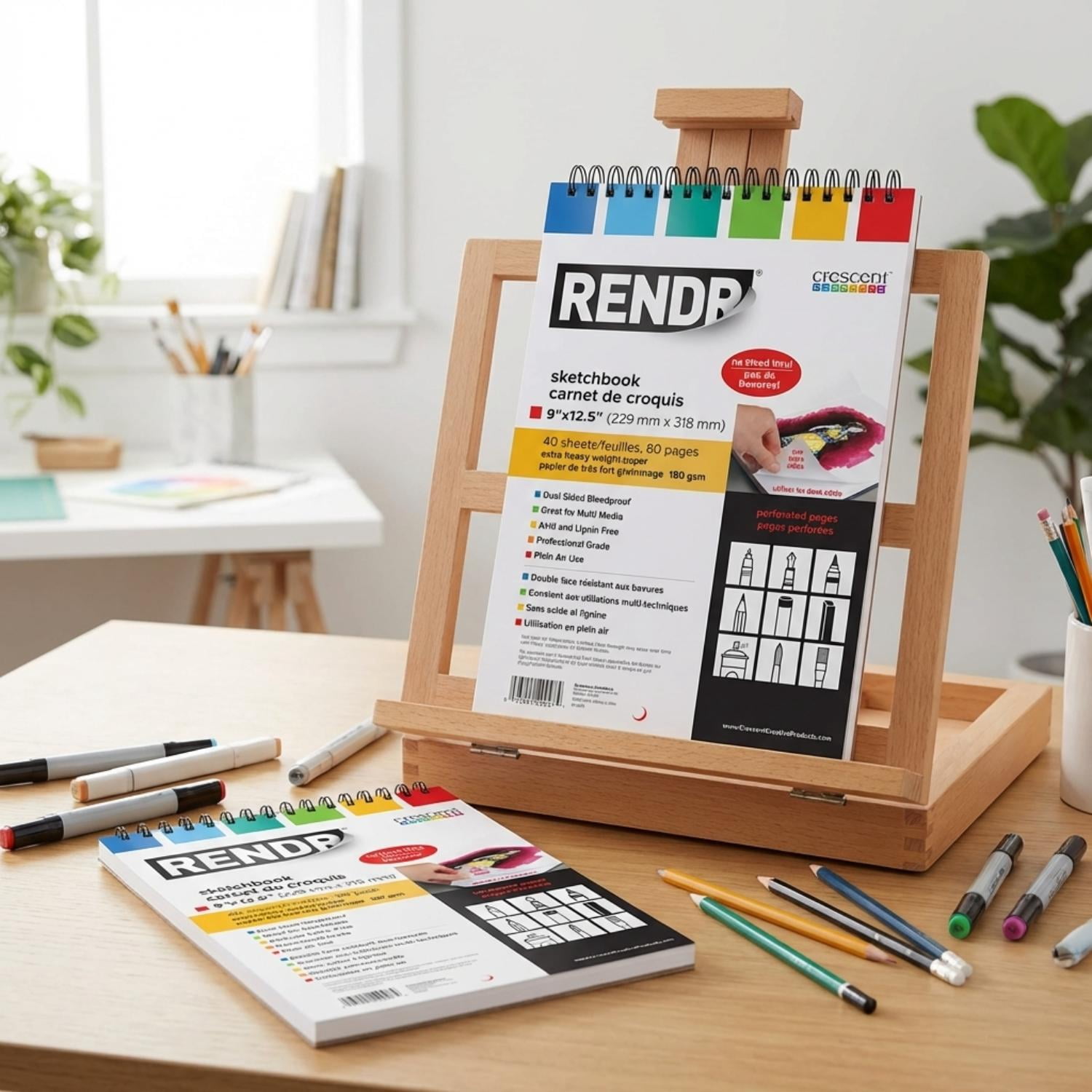 RENDR No Show Thru Wire Bound Perforated Pages Drawing Sketch Books for Artist, 9" x 12.5", No-Bleed, Acid & Lignin Free, 80 pages, All Media, 180 GSM
