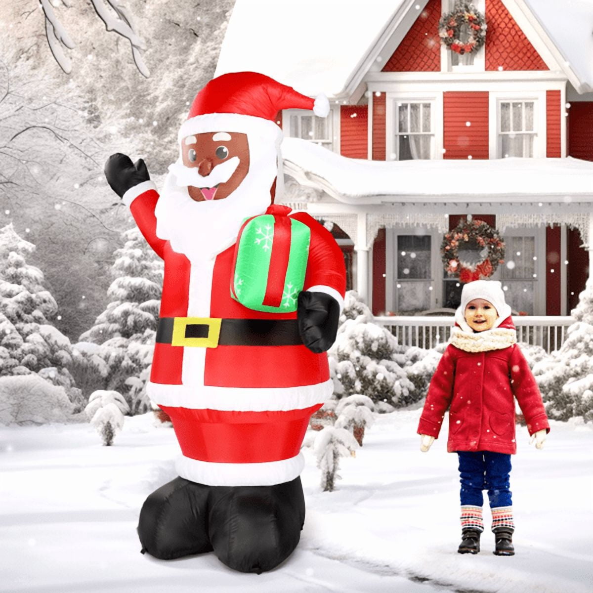 Alvantor 7 ft Lighted Black Santa Christmas Inflatable with Gift, Red and Black