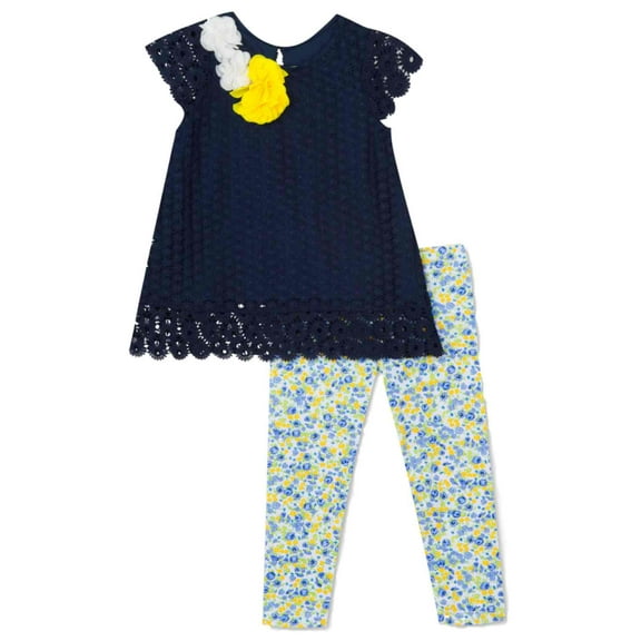 Infant Girls Navy Blue & Yellow Lace T-Shirt & Floral Legging Outfit 3-6m