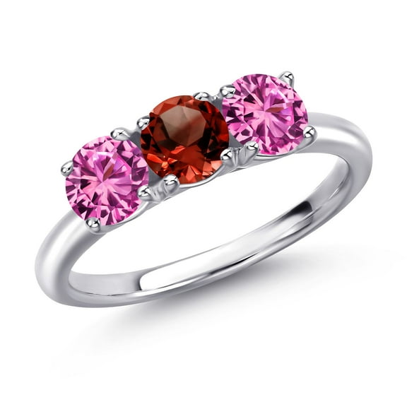 Gem Stone King 925 Sterling Silver Red Garnet and Pink Created Sapphire Engagement Ring for Women | 1.65 Cttw | Round 5MM | Gemstone January Birthstone | Size 9