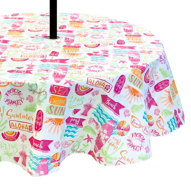 Summer Umbrella Vinyl Tablecloths Patio Table Cover with Hole and Zipper Closure for Umbrella