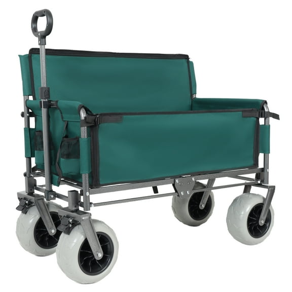 Folding Wagon with Seat - 500lbs Capacity, Beach Tires, Green - Camping, Outdoor, Heavy Duty Collapsible Utility Wagon