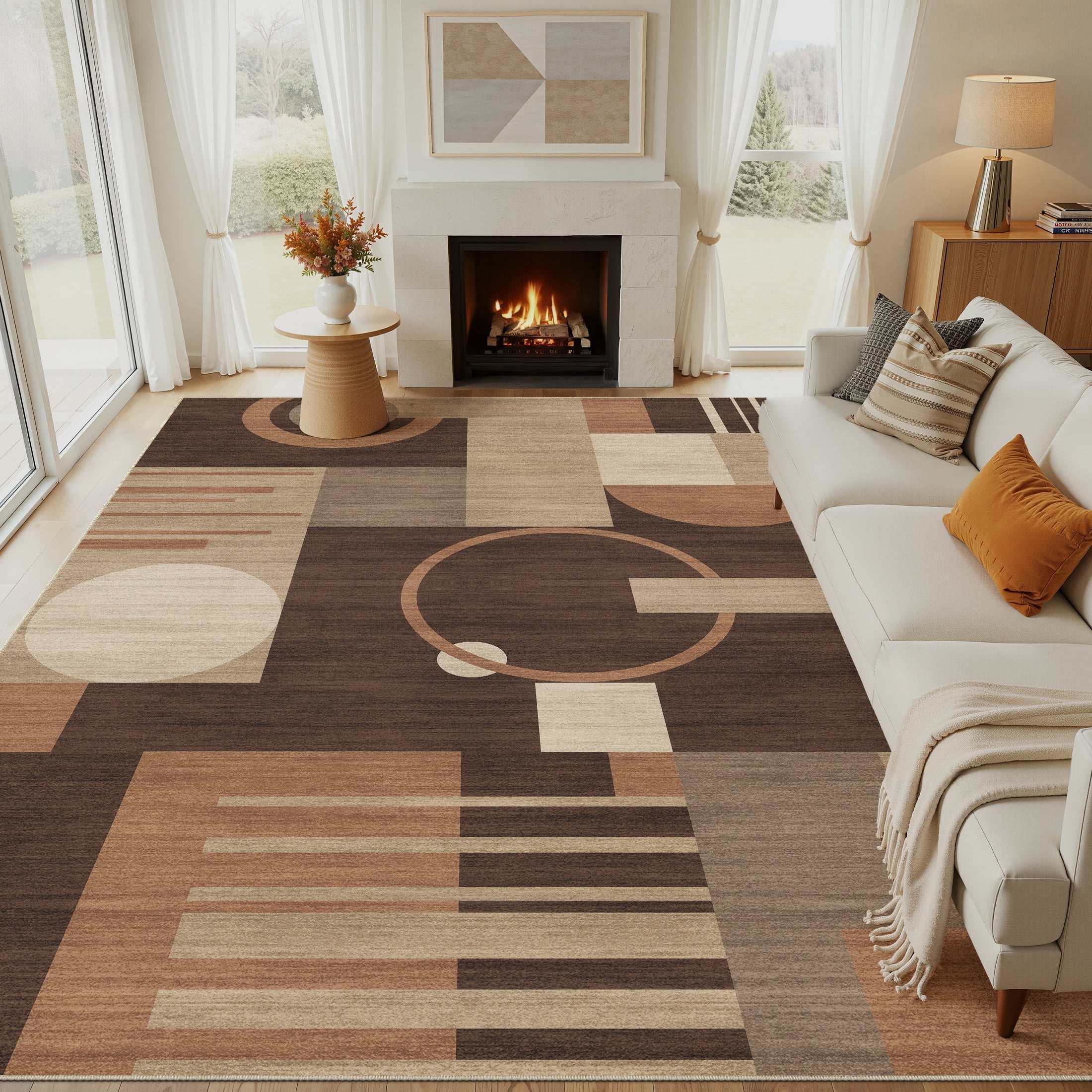 MICGEEK 8x10 Washable Area Rugs for Living Room, Modern Geometric Printed Rug, Vacuum-Friendly, Non Slip Indoor Rug for Bedroom Dining Room Home Decor Carpet, Brown/Beige
