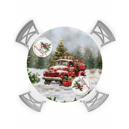 

Round Tablecloth with Elastic Christmas Red Truck Xmas Tree and Cute Little Dog Waterproof Table Cover Wipeable Fitted Table Cloths for 45 -54 Round Tables Dining Kitchen Indoor Outdoor Use