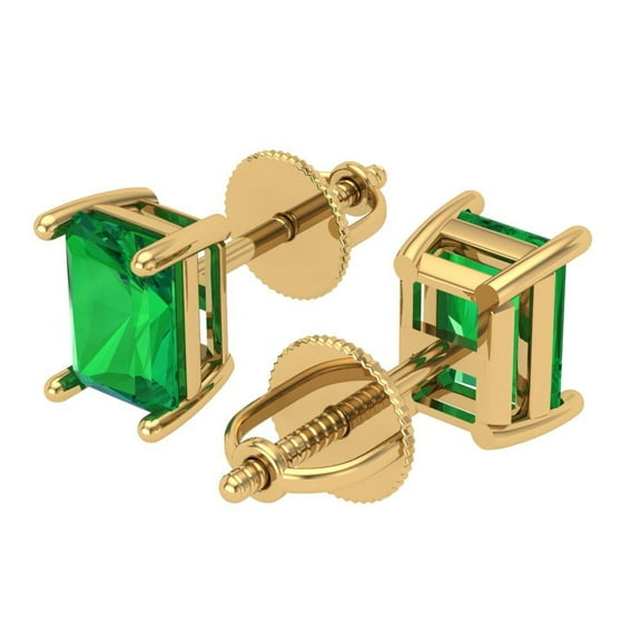 2 Ct Emerald Cut Studs Green Emerald 14K Yellow Solid Solid Gold Everyday Dainty Earrings Screw Back
