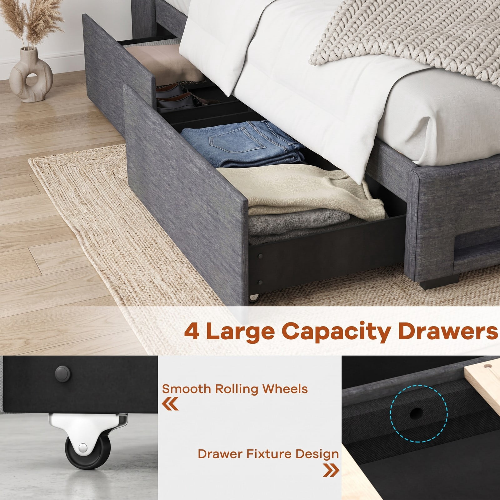 Furnibear Full Size Bed Frame Upholstered Platform Bed with LED Lights, Wingback Headboard and 4 Storage Drawers, USB Charging, Gray