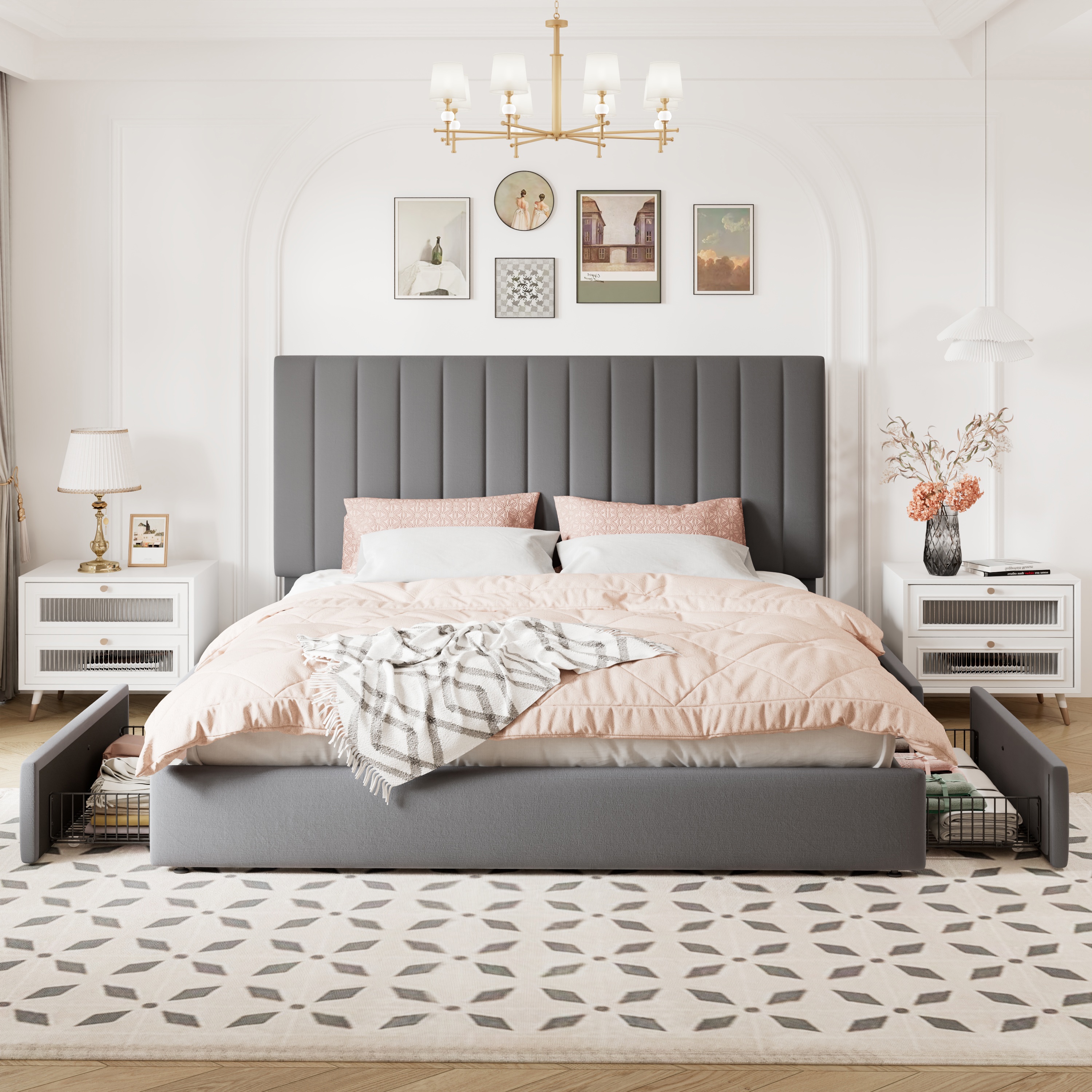 Allewie King Size Storage Bed Frame,Adjustable Headboard, Velvet Upholstered Platform Bed with 4 Oversized Underbed Drawers, Wooden Slats Support, No Box Spring Needed, Grey