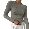 thumbnail image 3 of Camisas de Larga para Mujer, Corte Entallado, Cuello Redondo, Ropa de Otoño, Costuras Expuestas, Blusas Básicas Acanaladas. Judías XL, 3 of 7
