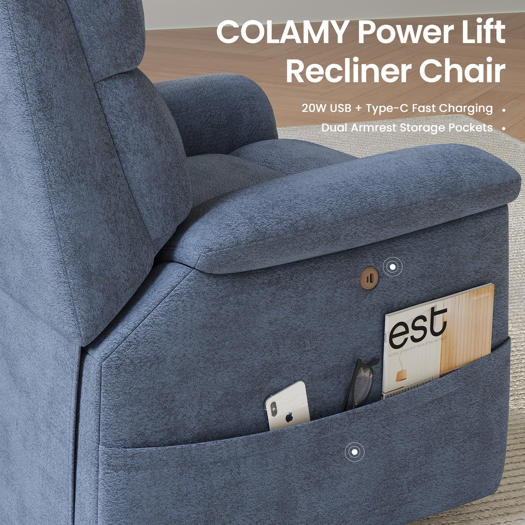 COLAMY Power Lift Recliner Chair for Elderly, Electric Massage and Heat Sofa with Lift Assistance, 20W USB and Type-C Fast Charging, Blue