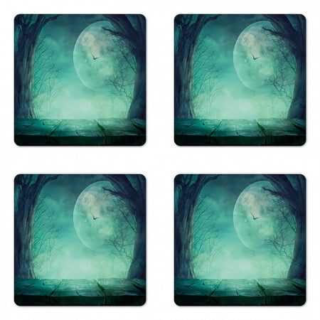 

Halloween Coaster Set of 4 Spooky Teal Forest Moon and Vain Branches Mystical Haunted Horror Rustic Imagery Print Square Hardboard Gloss Coasters Standard Size Teal by Ambesonne