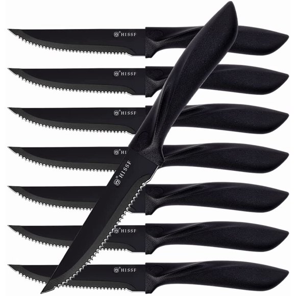 HISSF Steak Knives Set of 8, Black Serrated Stainless Steel Sharp Blade Flatware Steak Knife Set, 4.5 Inches,Non stick coating for Anti-rusting, for Restaurant Tableware Kitchen Camping