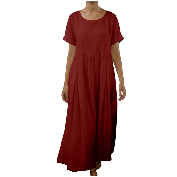 VEKDONE Women Linen Dresses Casual Short Sleeve Crew Neck Solid Color Maxi Dress Summer Loose Fit Flowy Beach Dress Fashion Housewear Dresses Red M