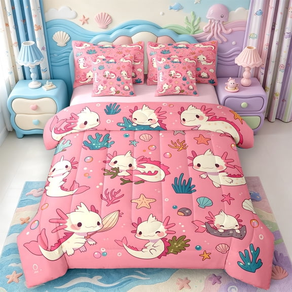 Manfei Salamander Pattern 7-Piece Twin Bedding,Purple Axolotl Bedding Comforter Set,Pink Reversible