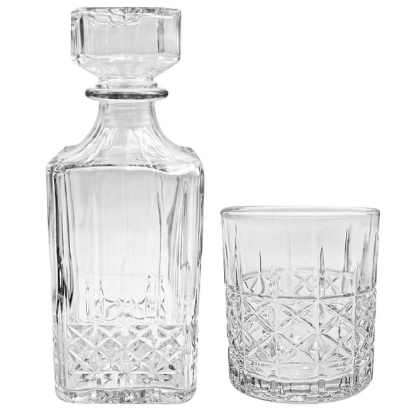 Juego de Decantador Licorera Tapa Hermética con 4 Vasos de Vidrio Grueso con Diseño de Relieve Diamante, Modelo Stirling, Ideal para Vino o Whisky con Caja de Regalo