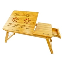 Medium Bamboo Laptop Portable Table Tray Desk - Height Adjustable, Foldable, 8 Tilting Angle's, Cup Holder, Drawer, with USB Cooling Fan - Perfect Breakfast Serving Bed Tray