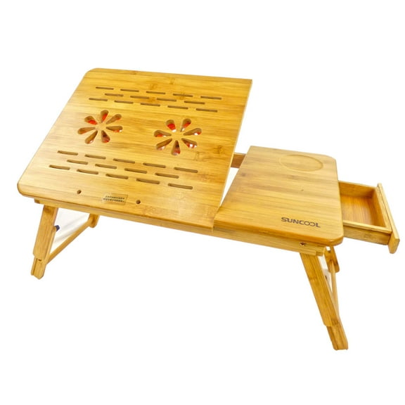 Medium Bamboo Laptop Portable Table Tray Desk w/ USB FAN - Height Adjustable, Foldable, 8 Tilting Angle's, Cup Holder, Drawer, with USB Cooling Fan - Perfect Breakfast Serving Bed Tray