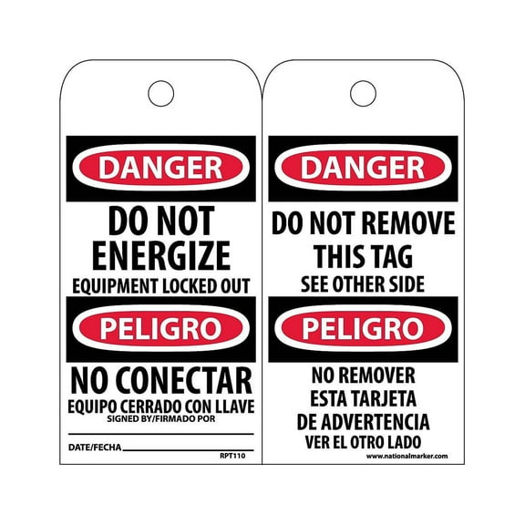 National Marker Accident Prevention Tags; Danger Do Not Energize (Bilingual) 6X3 Unrip Vinyl 25/Pk
