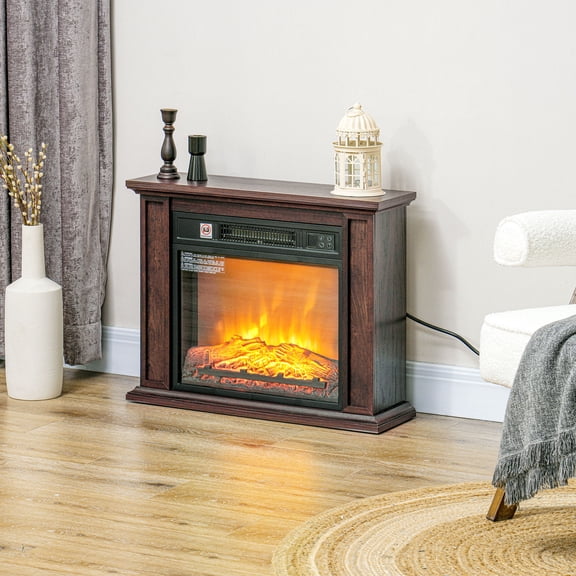 HOMCOM 26" Electric Fireplace Heater with Mantel, Replaceable Fireplace Insert Heater with Realistic Log and Flame Effect, Remote, Dark Brown