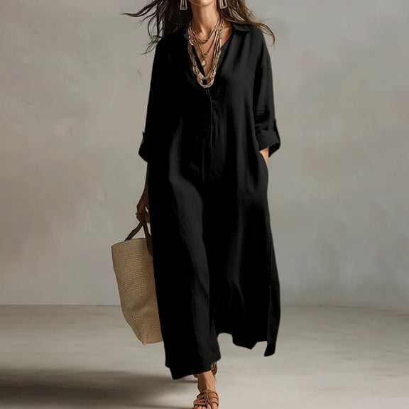 Guieoi Womens Dresses Fall Plus Size Loose Casual Shirt Dress Relaxed-Fit Long-Sleeve Collared Ankle-Length Dress Black S
