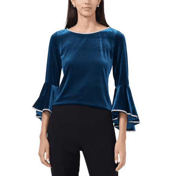 Msk Women's Embellished Velvet Ruffled Bell-Sleeve Top - Navy